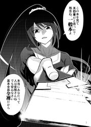  bakemonogatari boxcutter commentary_request female foreshortening greyscale long_hair monochrome monogatari_(series) open_mouth photoshop_(medium) ponytail senjougahara_hitagi shaded_face solo translated yuki_mizore 