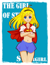  alien babydoll_t-shirt blonde_hair blue_eyes blue_skirt cape character_name crop_top crossed_arms dc_comics female female gloves hairband kara_zor-el kikisuke_t kryptonian long_hair midriff miniskirt red_cape s_shield shirt skirt solo supergirl superman_(series) t-shirt tanktop white_gloves 