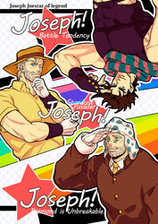  3boys bad_id bad_pixiv_id beard blue_eyes brown_hair character_name commentary_request facial_hair fingerless_gloves gloves grey_hair hat jojo_no_kimyou_na_bouken joseph_joestar joseph_joestar_(old) joseph_joestar_(young) kijinkutsu male_focus multiple_boys multiple_persona necktie old old_man outline photoshop_(medium) polo_shirt scarf star_(symbol) starry_background white_gloves 