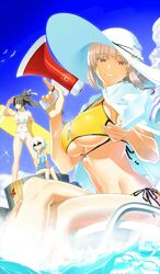  1boy 3girls bikini bird breasts charles_babbage_(fate) cloud craft_essence_(fate) day fate/apocrypha fate/grand_order fate_(series) florence_nightingale_(chaldea_lifesavers)_(fate) florence_nightingale_(fate) food fundoshi grin groin hassan_of_the_cursed_arm_(fate) hat jack_the_ripper_(chaldea_lifesavers)_(fate) jack_the_ripper_(fate/apocrypha) japanese_clothes large_breasts lifeguard megaphone multiple_girls navel official_art one-piece_swimsuit outdoors popsicle red_eyes rescue_board resized seagull shading_eyes shaka_p side-tie_bikini_bottom sitting sky smile soaking_feet sparkle striped_clothes striped_one-piece_swimsuit sun_hat sunglasses surfboard swimsuit underboob upscaled ushiwakamaru_(chaldea_lifesavers)_(fate) ushiwakamaru_(fate) waifu2x water when_you_see_it yellow_bikini 