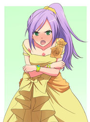  alternate_costume blush commentary_request crossed_arms dress embarrassed faris_scherwiz female final_fantasy final_fantasy_5 flower full-face_blush green_background hyakuen_raitaa long_hair looking_at_viewer open_mouth photoshop_(medium) ponytail purple_hair rose sarisa_highwind_tycoon solo wrist_cuffs yellow_dress yellow_flower yellow_rose 