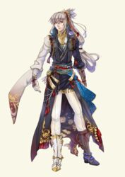  1boy boots cape commentary_request elbow_gloves fantasy fire_emblem fire_emblem_fates full_body glance gloves jacket jewelry kairiwhisper long_hair looking_at_viewer male_focus necklace ponytail red_eyes simple_background solo takumi_(fire_emblem) white_background white_hair 