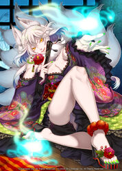  alteil animal_ears breasts cleavage commentary_request fantasy feet female flower green_nails hand_fan japanese_clothes legs medium_breasts miogrobin multiple_tails nail_polish platform_footwear reaching sandals sitting solo tail white_hair yellow_eyes 