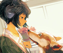  bad_id bad_pixiv_id black_hair cable candy canine cardigan female food headphones hpknight lollipop original photoshop_(medium) sennheiser short_hair 