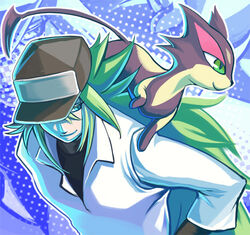  1boy bad_id bad_pixiv_id baseball_cap feline green_eyes green_hair hat koga_(yamazaki) lowres male_focus n_(pokemon) painttool_sai_(medium) pokemon pokemon_(creature) pokemon_bw purrloin 