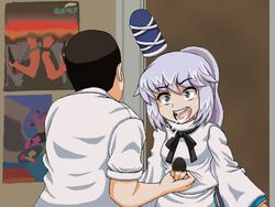  1boy angry_video_game_nerd collared_shirt crossover d: eyebrows female grey_eyes grey_hair hat james_rolfe japanese_clothes kariginu mononobe_no_futo naguchanchin open_mouth otaku otaku_room parody punching round_teeth saliva shirt skateboard source_request spitting stomach_punch tate_eboshi tears teeth touhou 