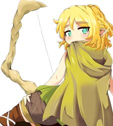  bad_id bad_pixiv_id blonde_hair bow_(weapon) brown_thighhighs cape cosplay dragon&#039;s_crown elf elf_(dragon&#039;s_crown) elf_(dragon&#039;s_crown)_(cosplay) female green_eyes karatakewari looking_at_viewer looking_back mizuhashi_parsee pointy_ears shorts solo thighhighs touhou weapon 