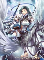  annand_(fire_emblem) armor bridle circlet company_name feathered_wings female fire_emblem fire_emblem:_genealogy_of_the_holy_war fire_emblem_cipher fur_trim gloves green_eyes green_hair holding holding_polearm holding_reins holding_weapon horseback_riding long_hair nagahama_megumi official_art open_mouth pegasus pegasus_knight_uniform_(fire_emblem) polearm reins riding snowing spear weapon wings 