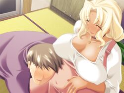  blonde_hair blush breasts cd_bros cleavage dark_skin faceless faceless_male female game_cg green_eyes green_ribbons huge_breasts jewelry long_hair married nitta_cocoa pregnant pururun_cafe ribbon ring sumeragi_kohaku wedding_ring wife 