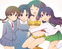  4girls animal_print bikini black_hair blue_hair braid brown_eyes brown_hair closed_eyes commentary_request creator_connection crossover fuurinkan_high_school_uniform green_hair higurashi_kagome horns hug inuyasha kinokosuke kyoukai_no_rinne long_hair lum mamiya_sakura multiple_crossover multiple_girls purple_eyes ranma_1/2 school_uniform serafuku swimsuit tendou_akane tiger_print twin_braids twintails urusei_yatsura 