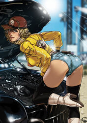  ass belt bent_over bikini blonde_hair boots car car_part cindy_aurum commentary commission day engine english_commentary female final_fantasy final_fantasy_xv ganassa gloves hat jacket lips looking_at_viewer looking_back motor_vehicle open_hood outdoors photoshop_(medium) short_shorts shorts solo swimsuit thighhighs 