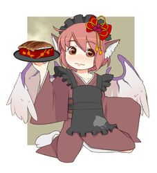  animal_ears apron bird bird_ears bird_wings blush brown_eyes brown_kimono commentary_request female fish_(food) food grilled_eel japanese_clothes kimono looking_at_viewer maid_headdress mystia_lorelei no_shoes okamisty plover_(animal) short_hair solo tabi torque touhou tray unadon_(food) wings 