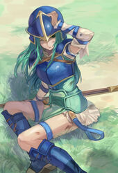  armor belt commentary_request female fire_emblem fire_emblem:_path_of_radiance fire_emblem:_radiant_dawn gloves green_hair helmet long_hair mai_yukari nephenee_(fire_emblem) polearm skirt solo weapon 