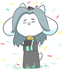  2015 :3 ambiguous_gender blue_hair bodily_fluids closed_eyes clothing confetti crying english_text feral fur hair mammal mt robe simple_background smile solo square_academic_cap standing tears tem temmie_(undertale) text undertale undertale_(series) white_body white_fur 