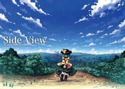  cloud commentary_request day etogami_kazuya female green_hair hat highres komeiji_koishi landscape outdoors sky solo touhou 