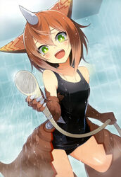  :d absurdres artist_request bathroom brown_hair claws female gomora green_eyes highres holding holding_shower_head horns non-web_source nyantype official_art old_school_swimsuit one-piece_swimsuit open_mouth scan school_swimsuit shower_head showering smile swimsuit ultra_series ultraman_(1st_series) water wet wet_clothes 