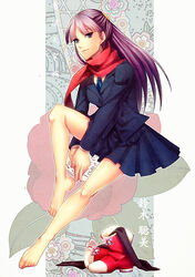  aged_down bad_id bad_pixiv_id barefoot benten-sama_(uchouten_kazoku) character_name copyright_name female floral_print furu_(retr0e) purple_hair red_scarf scarf school_uniform shoes skirt smile uchouten_kazoku unworn_shoes unworn_socks 