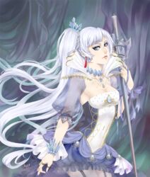  blue_eyes bracelet breasts cleavage commentary_request dress earrings female highres holding holding_sword holding_weapon jewelry kairiwhisper large_breasts left-handed long_hair looking_at_viewer myrtenaster necklace ponytail rapier ring rwby scar scar_across_eye scar_on_face solo sword thumb_ring weapon weiss_schnee white_hair 