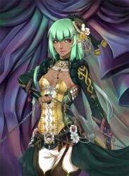  adapted_costume bob_cut breasts chains cleavage commentary_request dress elbow_gloves emerald_sustrai female gloves green_hair hat holding holding_weapon jewelry kairiwhisper necklace red_eyes rwby small_breasts smile solo weapon 