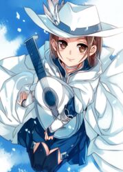  arm_support black_thighhighs blue_skirt brown_eyes brown_hair cape commentary_request female from_above hat holding holding_instrument instrument jianmo_sl kneeling miniskirt shigemura_yuuna short_hair skirt smile solo sun_hat sword_art_online thighhighs white_cape white_hat 