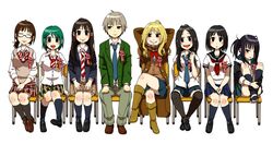  1boy 6+girls arms_behind_head black_eyes black_footwear black_hair black_legwear blazer blonde_hair blue_eyes blue_legwear blue_skirt boots bow bowtie breasts brown_eyes brown_footwear brown_hair brown_skirt chair closed_eyes coat commentary_request coppelion crossed_legs everyone frown fukasaku_aoi green_eyes green_hair green_skirt grey_hair hair_over_one_eye hugging_own_legs ichikawa_meisa ikarimame jacket knee_boots kneehighs kurosawa_haruto loafers long_hair looking_at_viewer looking_away loose_socks medium_breasts miniskirt multiple_girls naruse_ibara necktie nomura_taeko ozu_kanon ozu_shion plaid plaid_skirt playing_with_own_hair pleated_skirt radiation_symbol red_skirt scarf school_uniform serafuku shirt shoes short_hair short_ponytail short_sleeves side_ponytail simple_background sitting skirt sleeves_rolled_up smile socks striped_bow striped_bowtie striped_clothes striped_necktie sweater_vest thighhighs tsuburaya_mana white_background white_shirt 