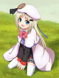  :d bat_hair_ornament blonde_hair blue_eyes blush bow cape commentary female full_body hair_ornament happy hat kneeling koa little_busters! little_busters!_school_uniform long_hair looking_at_viewer noumi_kudryavka oerba_yun_fang open_mouth pink_bow school_uniform sitting smile thighhighs white_thighhighs zettai_ryouiki 