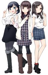  3girls :d asumi_kana belt boots clothes_writing commentary_request cursive french_text girl_sandwich highres index_finger_raised jpeg_artifacts knee_boots koa multiple_girls open_mouth pantyhose plaid plaid_skirt real_life sakura_ayane sandwiched skirt smile uchida_maaya voice_actor 