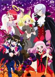  5girls absurdres angel_wings animal_costume bat_wings black_hair blonde_hair blue_eyes brown_hair dress flower glasses happy hara_shouji highres kiki_ajimi kurosu_aroma midorikaze_fuwari multiple_girls one_eye_closed pretty_series pripara pumpkin red_eyes red_hair scan shikyoin_hibiki shiratama_mikan smile thighhighs twintails vampire_costume wings witch yellow_eyes 