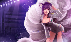  :d \m/ ahri_(league_of_legends) alternate_costume animal_ears audience balcony bent_over black_hair breasts buttons cleavage collarbone commentary confetti cosplay crowd facial_mark female fox_ears fox_tail generation_ahri genie_(song) girls&#039;_generation goomrrat hand_on_headwear hand_on_own_knee hand_up hat idol large_breasts league_of_legends lights long_hair long_sleeves looking_at_viewer military military_uniform multiple_tails naval_uniform oerba_yun_fang open_mouth peaked_cap photoshop_(medium) pocket pointing pointing_up short_shorts shorts silhouette slit_pupils sm_entertainment smile solo_focus stage stage_lights tail uniform whisker_markings yellow_eyes 