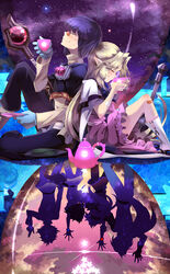  3boys 3girls amelia_wil_tesla_seyruun back-to-back bandaid blonde_hair capelet chinese_commentary closed_eyes commentary_request cup drinking filia_ul_copt gloves gourry_gabriev lina_inverse lyxu mace multiple_boys multiple_girls night night_sky photoshop_(medium) pointy_ears purple_hair sitting sky slayers slayers_try staff teacup teapot weapon xelloss zelgadiss_graywords 