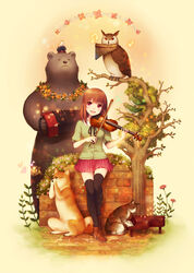  bad_id bad_pixiv_id bear bird canine concertina feline female flower highres instrument long_hair megumu original owl pan_flute piano purple_eyes skirt smile solo thighhighs tree trumpet violin 