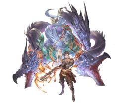  1boy armor bayonet blue_hair brown_hair dragon facial_hair female fire full_body granblue_fantasy gun long_hair minaba_hideo official_art pointy_ears rackam_(granblue_fantasy) stubble tiamat_(granblue_fantasy) transparent_background very_long_hair weapon 