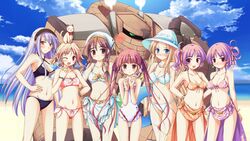  6+girls agnes_boulange beach bikini blonde_hair blue_eyes blush bow bracelet breasts brown_eyes brown_hair carina_verritti chelsea_arcot cleavage cloud day earrings flat_chest flower front-tie_top golem_(shukufuku_no_campanella) hair_ornament hairband hairbow hat highres jewelry ko~cha long_hair medium_breasts minette multiple_girls necklace nina_lindberg ocean one-piece_swimsuit open_mouth orange_eyes orange_sarong outdoors pink_eyes pink_hair purple_hair purple_sarong red_eyes ribbon ritos_tortilla salsa_tortilla sarong short_hair shukufuku_no_campanella side-tie_bikini_bottom sky small_breasts smile source_request standing swimsuit tango_(shukufuku_no_campanella) twintails very_long_hair water white_sarong 