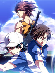  3boys ahoge animal_print antenna_hair baseball_cap black_hair blue_shirt blue_sky brown_eyes brown_hair closed_mouth clothes_writing cloud commentary_request day echizen_ryooma from_behind glasses hat left-handed leopard_print looking_at_viewer looking_back male_focus multiple_boys orange_shirt parted_lips racket serious shirt short_sleeves sky smile sportswear tank_top tasaka_shinnosuke tennis tennis_no_ouji-sama tennis_racket tennis_uniform tezuka_kunimitsu tooyama_kintarou 