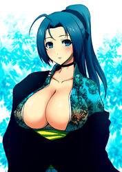  blue_eyes blue_hair blush breasts choker cleavage commentary_request female huge_breasts idolmaster idolmaster_(classic) japanese_clothes kimono lips lipstick long_hair makeup miura_azusa photoshop_(medium) ponytail solo wakame yukata 