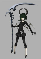  bad_id bad_pixiv_id black_hair black_rock_shooter collar collarbone dead_master female green_eyes holding holding_scythe horns p_(zzaazz) photoshop_(medium) scythe simple_background solo wings yara_kami_meiosei 