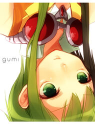  bare_shoulders character_name close-up commentary_request etsuo female goggles green_eyes green_hair gumi portrait short_hair short_hair_with_long_locks sidelocks solo upside-down vocaloid 