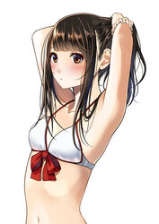  adjusting_hair bikini blush brown_eyes brown_hair closed_mouth collarbone commentary_request female highres kentaurosu long_hair matsuno_chiya navel original simple_background solo swimsuit tying_hair upper_body white_background 