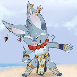  1:1 2016 3_toes 4_fingers absurd_res anthro beach big_head black_claws blue_body blue_fur claws closed_eyes clothed clothing cloud colored day detailed_background ear_piercing fan_character feet fingers full-length_portrait fur furfit grey_body grey_fur hi_res jewelry league_of_legends male mammal mohawk necklace nipples outside piercing pink_nipples pink_nose plantigrade portrait pose rin_(mightymightyena) riot_games sand sea seaside sky smile solo tencent toes topless water yordle 