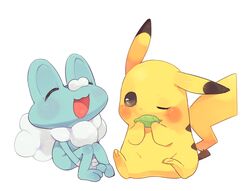  :d animal_focus bad_id bad_pixiv_id blush closed_eyes froakie grey_eyes hideko_(l33l3b) holding holding_leaf hugging_own_legs laughing leaf no_humans one_eye_closed open_mouth pikachu pokemon pokemon_(creature) pokemon_mystery_dungeon pokemon_super_mystery_dungeon simple_background sitting smile white_background 