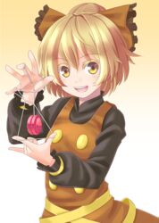  :d blonde_hair bow commentary_request female hair_bun hairbow hands kurodani_yamame looking_at_viewer meme shimouki_izui short_hair simple_background single_hair_bun smile solo string_play_spider_baby_(meme) touhou upper_body yo-yo 