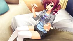  female game_cg green_eyes karasuba_yukari kobuichi necklace red_hair shorts side_ponytail solo tenshinranman thighhighs translation_request white_legwear 