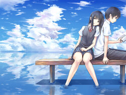  1boy arm_support bench black_eyes black_hair book cloud commentary_request day female kurio legs long_hair original outdoors pleated_skirt profile reading reflection ribbon school_uniform sitting skirt sky soaking_feet water 