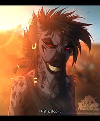  anthro black_hair black_nose black_sclera breasts dreadlocks ear_piercing female fur gold_(metal) gold_tooth hair hi_res hyena jewelry majinbanzai mammal markings mjolnir mjolnir_necklace norse piercing red_eyes solo spots spotted_body spotted_fur spotted_hyena teeth text 