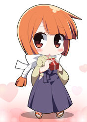  bandages blunt_bangs blush box brown_eyes brown_hair chibi commentary_request female full_body geta gift gift_box hakama hakama_short_skirt hakama_skirt holding holding_box holding_gift japanese_clothes looking_at_viewer orange_hair osaragi_mitama oshiro_project:re red_eyes sandals simple_background skirt solo toyama_(oshiro_project) white_background 