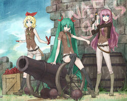  3girls bad_id bad_pixiv_id blonde_hair blue_eyes boots bow bowtie cannon dynamite explosive green_eyes green_hair gun handgun hatsune_miku high_heels kagamine_rin knee_boots kneehighs legs long_hair megurine_luka multiple_girls navel necktie p_(zzaazz) photoshop_(medium) pink_hair shoes sitting sleeves_rolled_up socks thighhighs thumbs_down twintails very_long_hair vocaloid weapon yara_kami_meiosei 