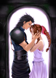  1boy aerith_gainsborough black_hair bow braid brown_hair chiru chiru_(sanifani) commentary_request couple crisis_core_final_fantasy_vii dress drill_hair earrings female final_fantasy final_fantasy_vii hair_ribbon jewelry long_hair pink_bow ponytail ribbon single_braid straight tears turtleneck white_dress zack_fair 