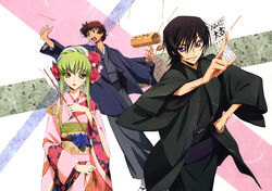  2boys absurdres black_hair brown_hair c.c. code_geass female green_hair hair_ornament highres japanese_clothes kimono kururugi_suzaku lelouch_vi_britannia multiple_boys official_art okayama_shinako purple_eyes scan yellow_eyes 