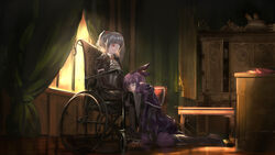  boots c.z. eyepatch gray_hair pixiv_fantasia pointed_ears purple_hair red_eyes ribbons tears 