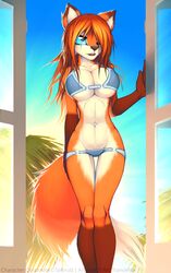  2015 anthro big_breasts blue_eyes bra breasts brown_body brown_fur canid canine cassandra_(tailsrulz) clothed clothing female fox fur gloves_(marking) hair hair_over_eye hi_res leg_markings long_legs macmegagerc mammal markings multicolored_body multicolored_fur navel one_eye_obstructed orange_body orange_fur orange_hair outside panties panties_down partially_clothed small_waist socks_(marking) solo thigh_gap thong under_boob underwear underwear_down v-cut white_body white_fur 